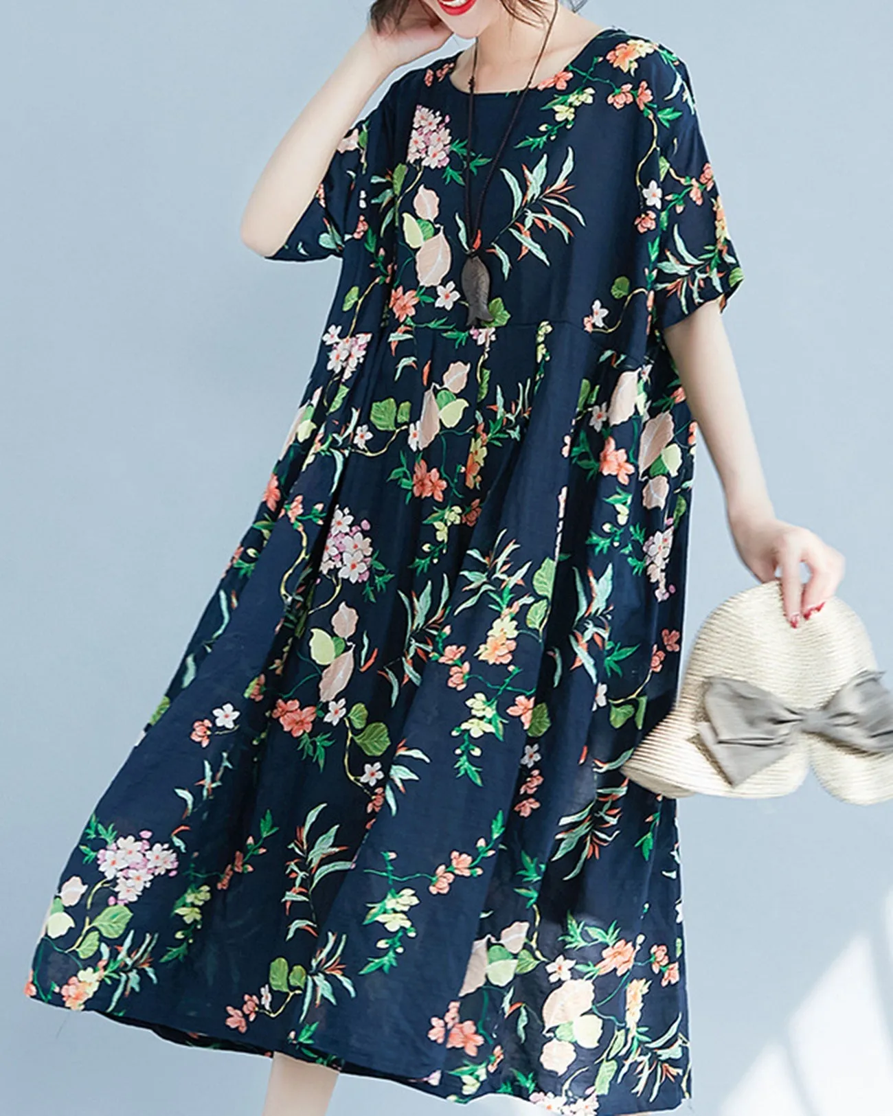 ellazhu Womens Half Sleeve Summer Oversized Dresses Print Maxi Baggy Dress Vintage Dress GA2619