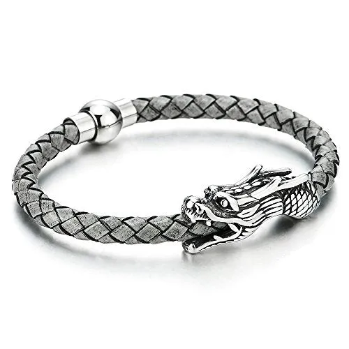 Vintage Stainless Steel Dragon Bangle Bracelet Grey Genuine Braided Leather Wristband, for Men
